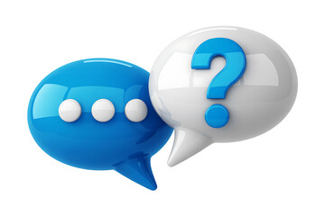 Two speech bubbles, one blue with ellipsis and one white with a question mark isolated on white background