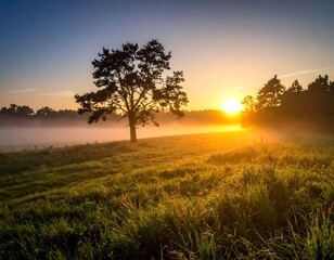 Fototapeta premium Sunrise over field with a tree, illuminated by golden light