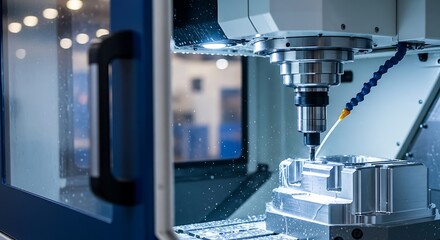 Industrial machine precisely mills metal part with coolant spray.