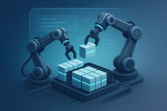 Advanced robotic arms executing precise manipulation of geometric modules in an automated assembly environment showcasing efficiency and modern engineering design principles