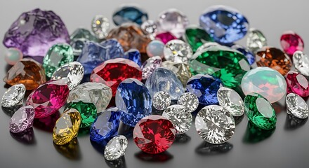 Assorted colorful gemstones glitter and shine on a dark reflective surface.