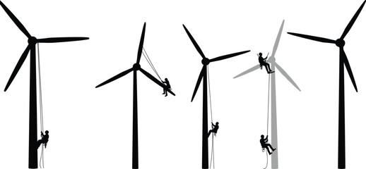 Wind turbine maintenance workers performing rope access inspection high above ground, renewable energy industry safety teamwork on wind farm structures