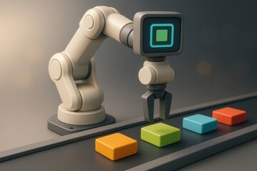 Advanced robotic hand manipulating colorful geometric blocks on an automated assembly line embodying the fusion of technology and creativity in modern manufacturing environments