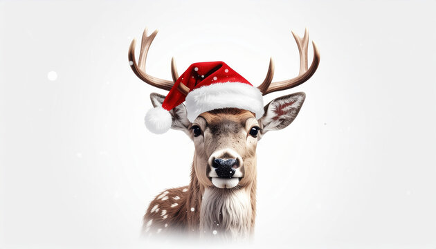 Festive deer wearing red Santa hat in winter portrait, soft fur detail, gentle expression and falling snow create warm holiday mood - Powered by Adobe