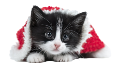 Cute domestic white kitten with red Santa hat for Christmas