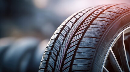 Close-up view of a new tire showcasing tread patterns and quality in a tire shop setting during daylight