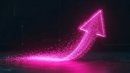 Glowing pink arrow pointing upwards with sparkling particle trail on dark background.