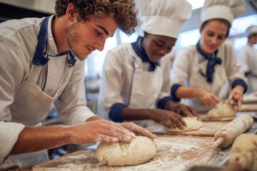 Students work together in a culinary class making bread at a cooking school in the morning