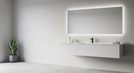 Modern bathroom vanity with illuminated mirror and green plant.