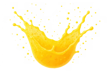 Yellow and orange juice splashing, creating a dynamic burst of fresh liquid and droplets, ideal for beverage concepts