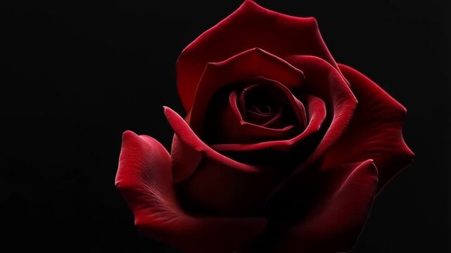 A passionate timelapse of a deep red rose blooming dramatically with velvet petals unfolding against a black backdrop, concept of love declaration and romantic passion