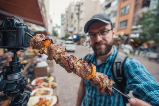 Tourist influencer vlogging delicious street food experience while sampling kebabs in bustling city market during sunny afternoon