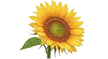 Bright yellow sunflower with green leaves and stem isolated on white.