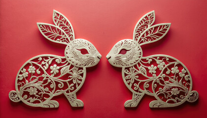 Intricate floral filigree rabbit silhouettes on red background, decorative paired animal ornaments with carved leaf and flower patterns, elegant symmetrical folk art display
