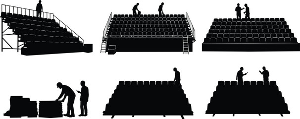 Workers assembling tiered seating structure for public events, professional installation of temporary grandstand bleachers, teamwork in venue preparation and staging setup