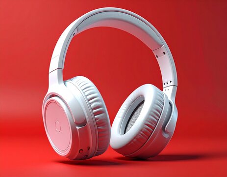 3D Rendering white headphones isolated on red background