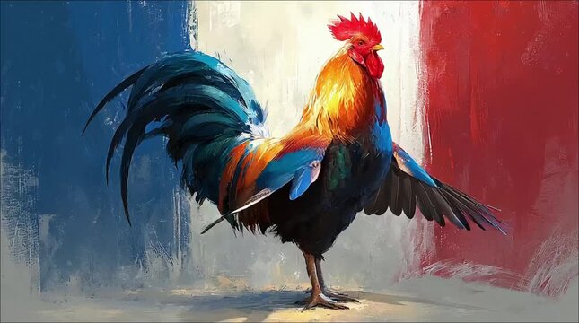 Vibrant French rooster crowing on a flag backdrop symbolizing pride and national identity