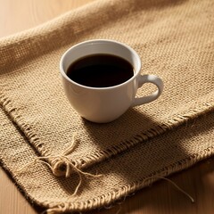 A warm cup of dark coffee rests on a textured burlap placemat.