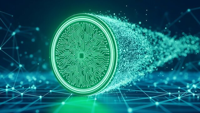 Digital coin disintegrating into data stream representing cryptocurrency and blockchain technology. - Powered by Adobe