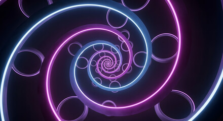 Abstract neon light spiral tunnel with glowing blue and pink lines