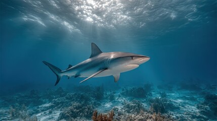 Naklejka premium Shark gliding gracefully through clear ocean waters in a vibrant coral reef environment