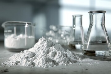 Laboratory setup with white powder and glass apparatus under natural light highlighting chemical materials and equipment