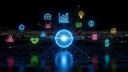 Abstract digital network with business icons and glowing sphere in the center.
