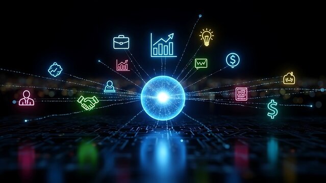 Abstract digital network with business icons and glowing sphere in the center.