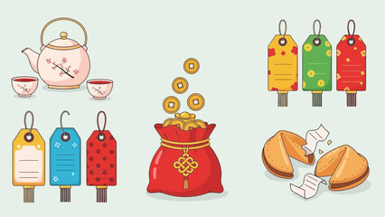 Chinese new year celebration with teapot fortune cookies and lucky money bag design