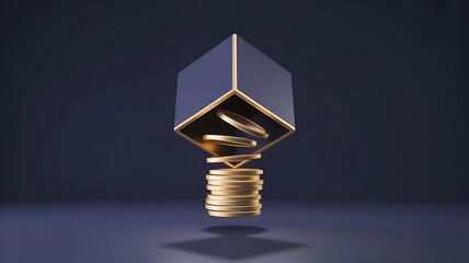 Gold coins descending from a geometric cube, symbolizing financial growth.