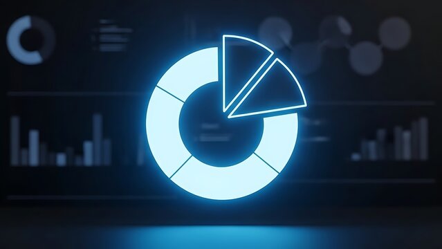 Glowing pie chart displayed on a futuristic dark background with other charts.