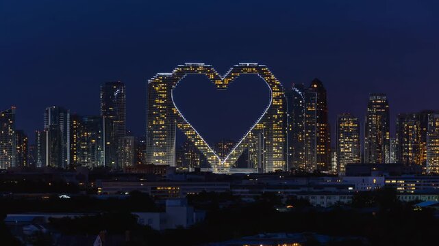 A spectacular timelapse of city building lights forming a giant heart shape against the night skyline, concept of public declaration and urban romance