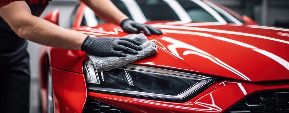 Detailing a red sports car with a microfiber cloth