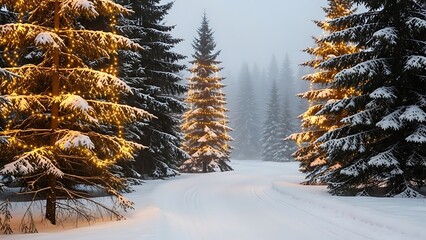 Winter Alley Christmas Background with Snow-Covered Fir Trees and Soft Garland Lights, Festive Holiday Banner with Illuminated Winter Forest Path