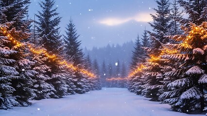 Winter Alley Christmas Background with Snow-Covered Fir Trees and Soft Garland Lights, Festive Holiday Banner with Illuminated Winter Forest Path