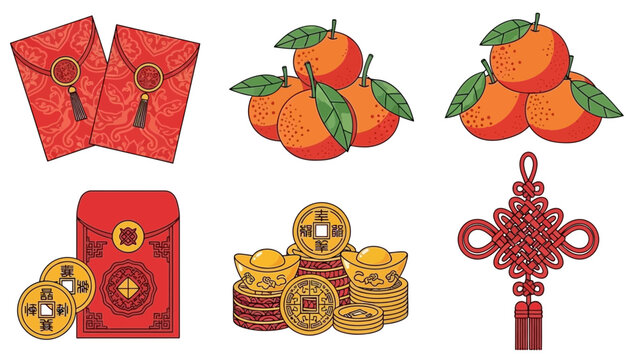 Chinese new year decorations featuring red envelopes oranges gold coins and knot symbols