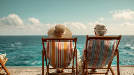 Elderly couple relaxing together in deck chairs by the ocean on a sunny day enjoying their peaceful time