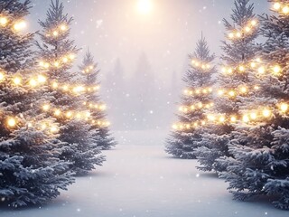 Winter Alley Christmas Background with Snow-Covered Fir Trees and Soft Garland Lights, Festive Holiday Banner with Illuminated Winter Forest Path