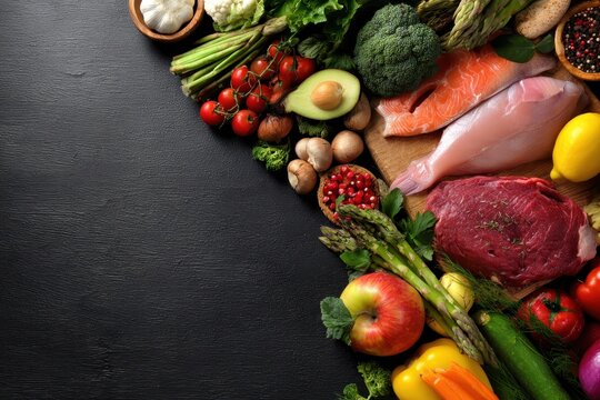 Fresh fruits and vegetables arranged on a dark wooden table create a healthy and vibrant meal preparation scene, showcasing nutritious options and colorful ingredients - Powered by Adobe