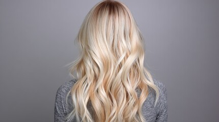 Naklejka premium Long platinum blonde wavy hair flowing naturally from the back, showcasing soft curls and highlights in a simple studio setting