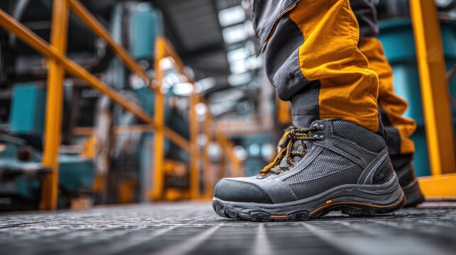 Close up of a safety working shoe on a worker's foot standing on an industrial floor during a busy workday in a manufacturing facility
