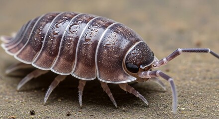 Small insect with armored segments walks on sandy ground.