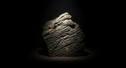 Textured rock formation illuminated by dramatic spotlight on dark background.