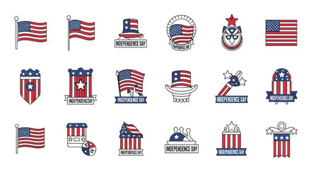 Isolated on white, a collection of flat vector Independence Day icons and flag designs celebrate in vintage red, white and blue hues.