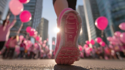 Pink running shoe closeup with breast cancer ribbon and crowd holding balloons celebrating hope