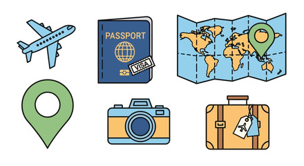 Line art composition showing travel icons including an airplane, passport, map, suitcase, location pins, and camera arranged on a white background, creating a minimalist