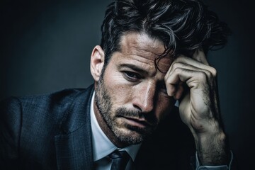 Obraz premium Worried man in a suit looks contemplative while sitting in a dimly lit room, lost in thought about a challenging situation