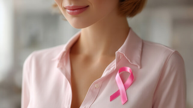 Soft pink blouse breast cancer ribbon pinned on chest promoting awareness and hope