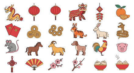 A colorful flat illustration showcases the twelve Chinese zodiac animals alongside traditional decorations, symbolizing good luck and fortune during Chinese New Year.