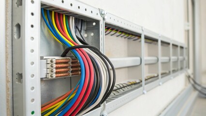 Close Up of Electrical Cable Management in Wall Mounted Distribution Box for Industry